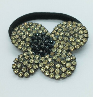 Roberta Chiarella Signed Butterfly Flower Yellow Rhinestone Hair Tie Pony Tail