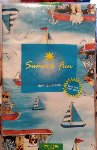 CATS & DOGS SAILING on SAILBOAT Fun Vinyl Tablecloth 52x52 SQUARE - PVC Free NEW