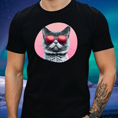 Mens Grey Cat Sunglasses Cotton T-Shirt Size XS to 5XL
