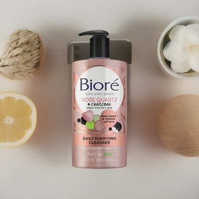 New Biore Rose Quartz + Charcoal Daily Purifying Cleanser 6.77fl oz/200ml