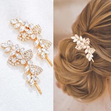 2PCS Rhinestone Hair Clips Crystal Wedding Hair Pins Bridal Leaf gold