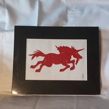 Unicorn Pegasus RedPaper Cutting Chinese Matted 9 x 12 Signed VTG Hou-tien Cheng