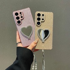 Diamond Heart Mirror Bling Sparkly Camera Lens Protector Stand Strap Phones Case