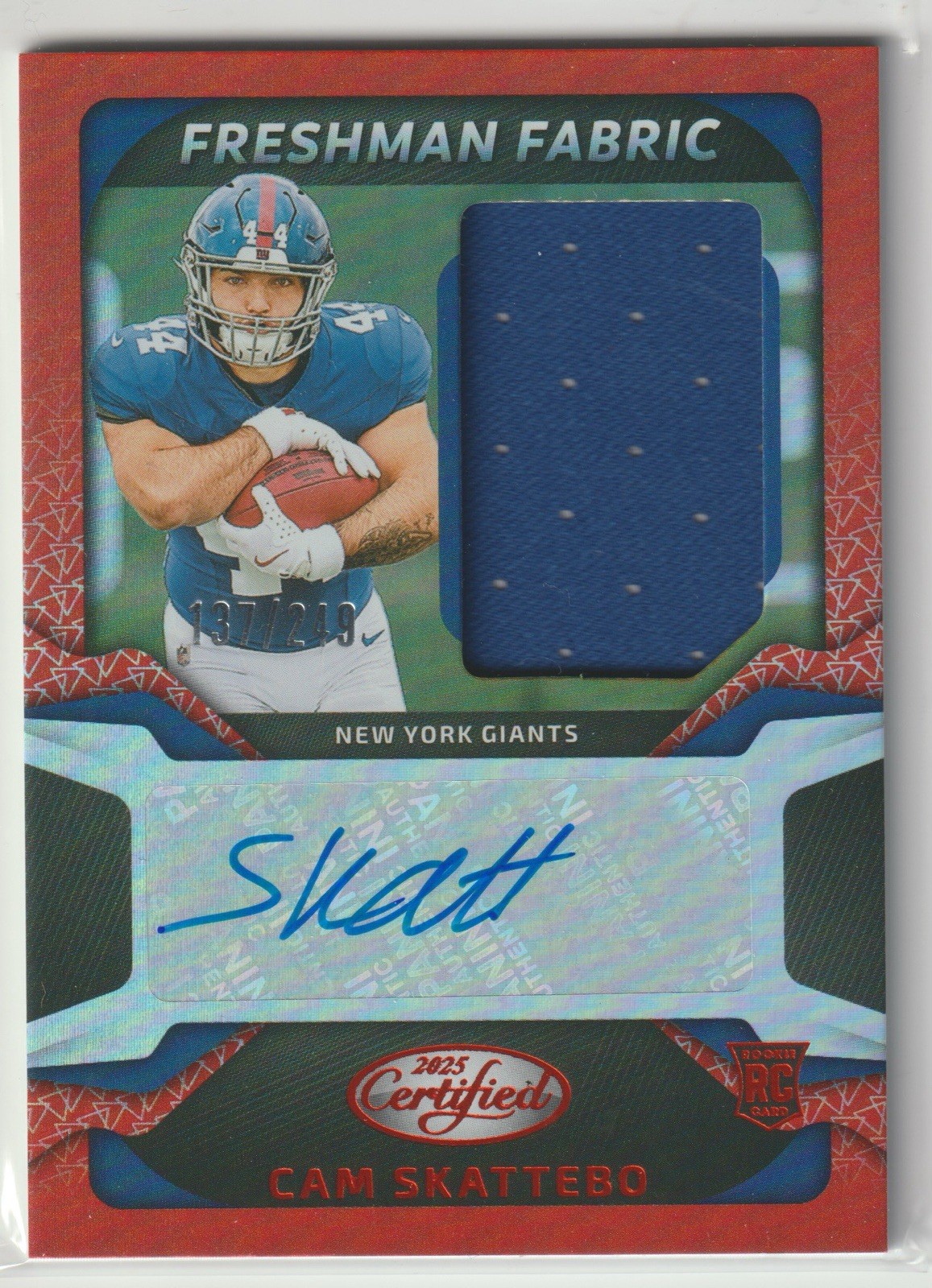 2025 Panini Certified Cam Skattebo [RC] Freshman Fabric Mirror Orange Auto /249