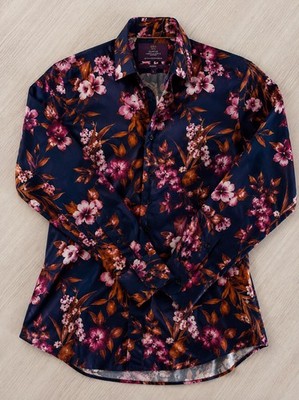 Hawes & Curtis London Floral Button Up Shirt Mens Large Navy Pink NWOT