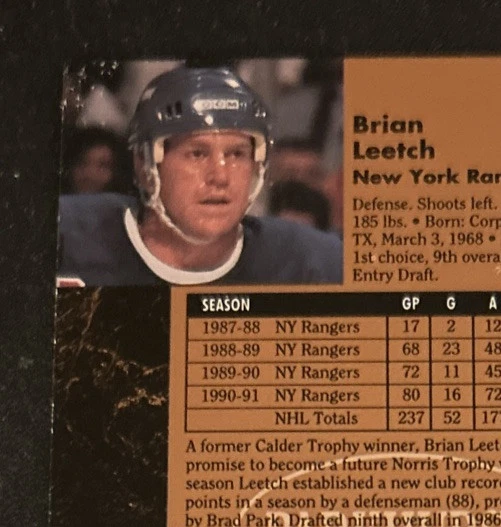 1991-92 Parkhurst Brian Leetch Hockey Card #119 Rangers Defense VG O/C - Image 3 of 3