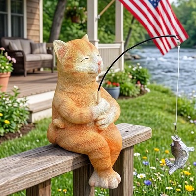 Funny Orange Cat Pond Statue - 11'' Fishing Poolside Decor for Gardens