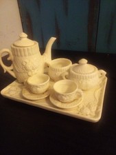 Vtg Porcelain MINIATURE TEA SET 10 piece Bisque White Roses w/Diamond Pattern