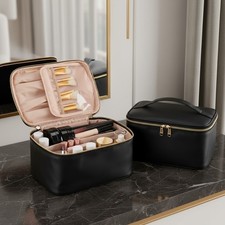 Elegant Black Makeup Bag: Portable Organizer with Brush Compartment  Dividers