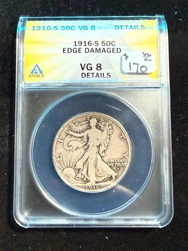 1916 S WALKING LIBERTY HALF DOLLAR ANACS VG 8 DETAILS EDGE DAMAGE