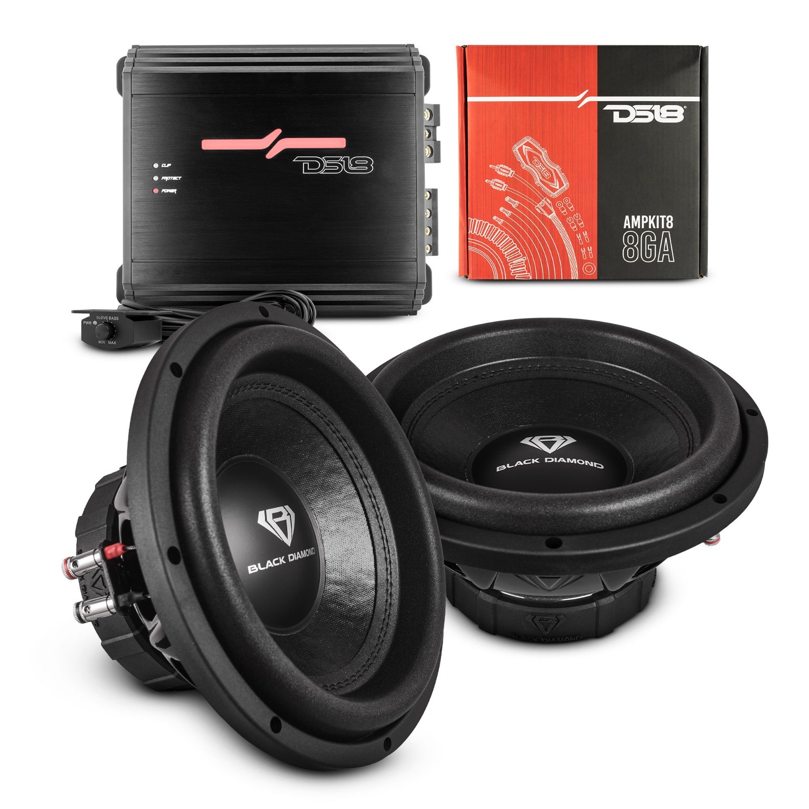 DS18 10" Bass Package &ndash; Amplifier + 2x 10" Subwoofer + 8 G