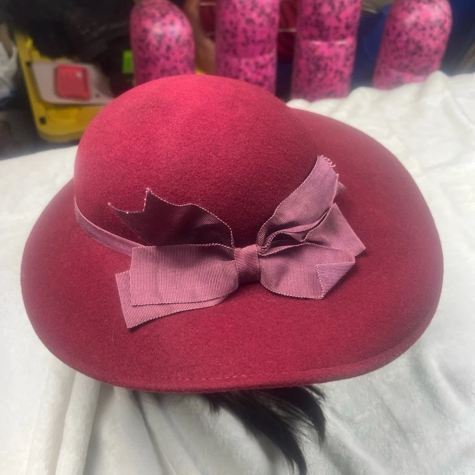 Geo Bollman & Co шляпа SZ OS красный широкополый лента бант Dokin войлок винтажный США - Изображение 2 из 4