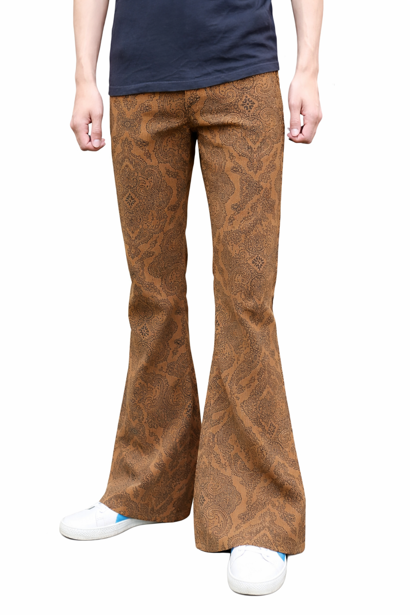 FLARES Brown Paisley Mens Bell Bottoms Corduroy Pants vtg Hippie