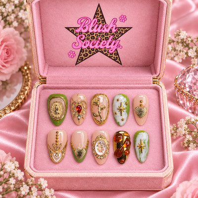 Blush Society Vintage Garden Luxe Press-On Nails   Green Gold Charm Nail Set