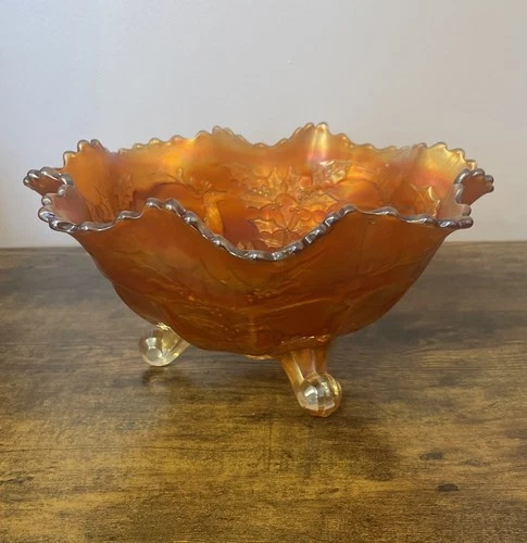 Vintage Fenton Bowl Large Footed Marigold Carnival Glass 'Orange Tree' Pattern