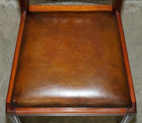 SIX VINTAGE RESTORED HAND DYED BROWN LEATHER HAND CARVED FRAME DINING CHAIRS - Picture 19 of 22