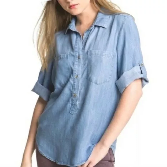 CLOTH STONE Chambray Denim Popover Shirt Roll Tab Sleeve Women s Size XS