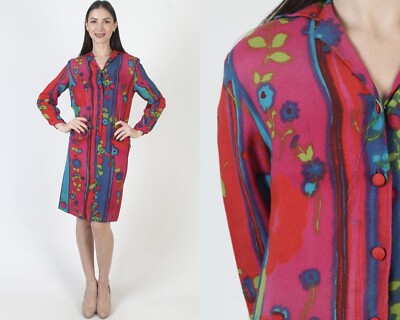 Vtg 60s Hot Pink Mod Dress Button Up Psychedelic Tiki GoGo Dagger Collar Mini