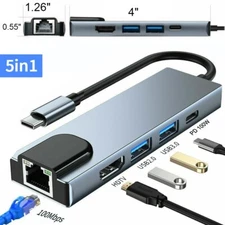 5 in 1 USB C Hub to RJ45 Ethernet Type C Hub Adapter Charger for Macbook 4K HDMI