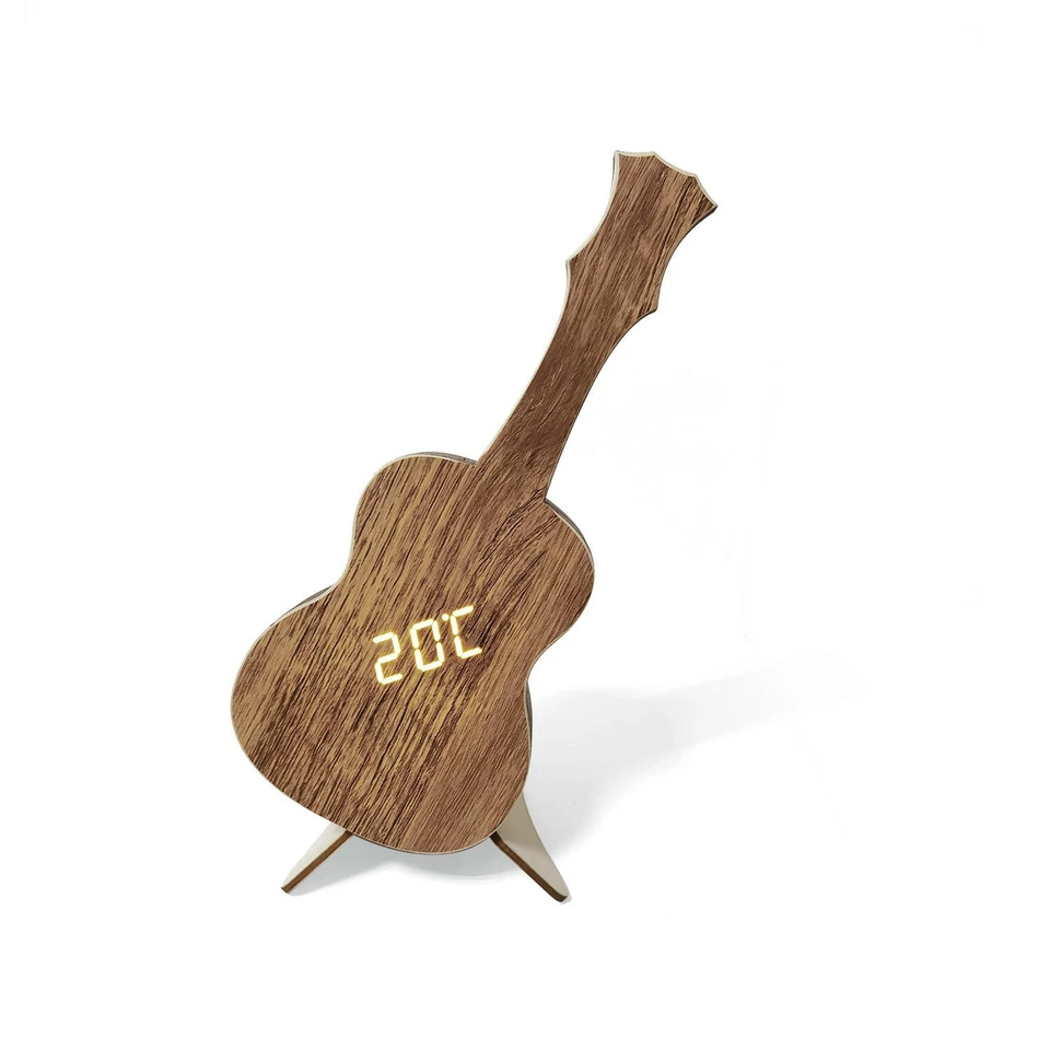Novelty Wood Alarm Clock Guitar Time Calendar Temperature for Bedroom Office - Image 3 of 4