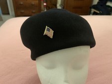 Vintage Blue Fur Felt Women s Beret Capsi Hat Corp Military Hat Flag Pin 21 1/2
