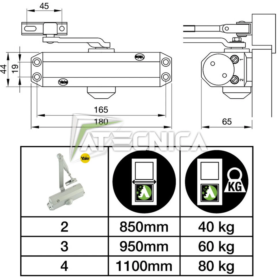 Chiudiporta YALE serie 3000 60-11 argento molla chiusura automatica porta 1,1mt - Immagine 2 di 3