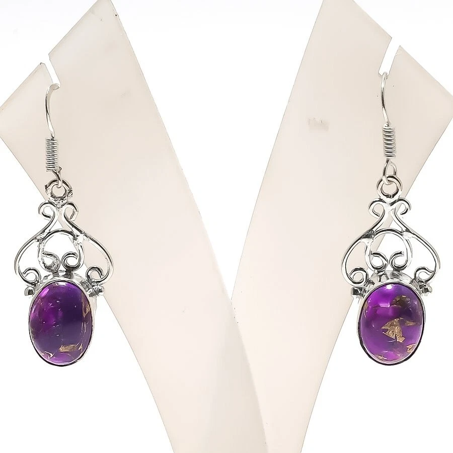 Copper Turquoise Gemstone 925 Sterling Silver Handmade Jewelry Earring Size 1.4" - Image 1 of 1