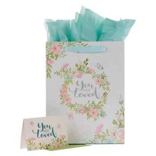 Floral Wreath Women's Gift Bag w/Card Blue Tissue Paper You Are Loved Large