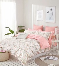 Full Size Pink Purple Rose Cotton Bed Set: 1 Duvet Cover 2 Shams 2 Cases Y2868 