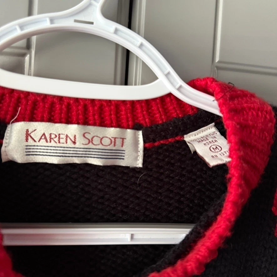 Cárdigan Suéter Karen Scott Vintage Cottagecore Goose & Hearts Tejido, Negro Rojo, M Foto 2 de 4