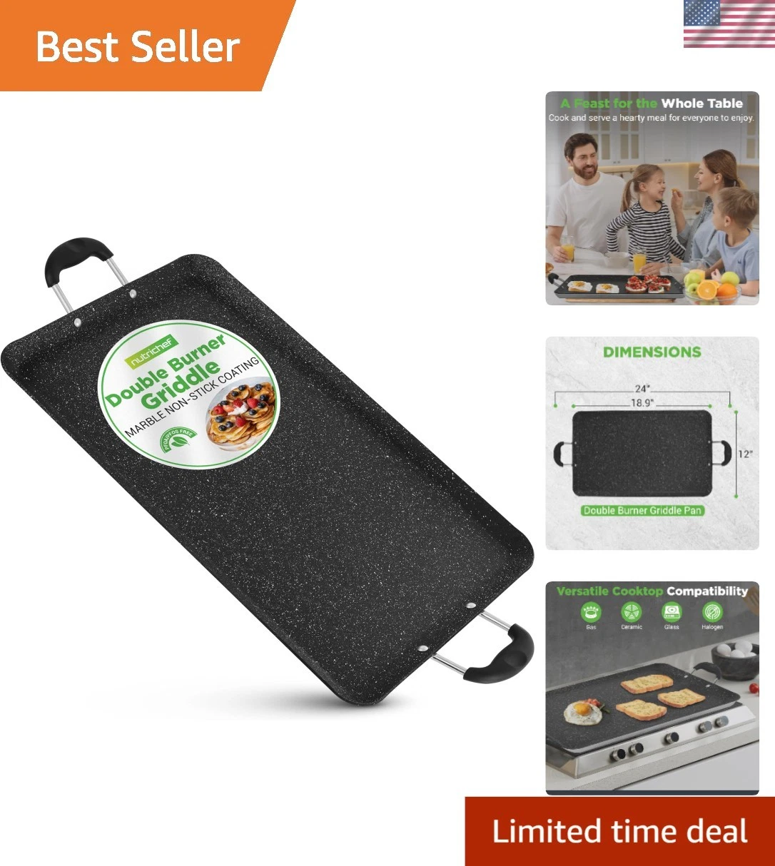 Double Burner Griddle, Non-Stick Stove Top Griddle for Gas Stove, Dishwasher ...