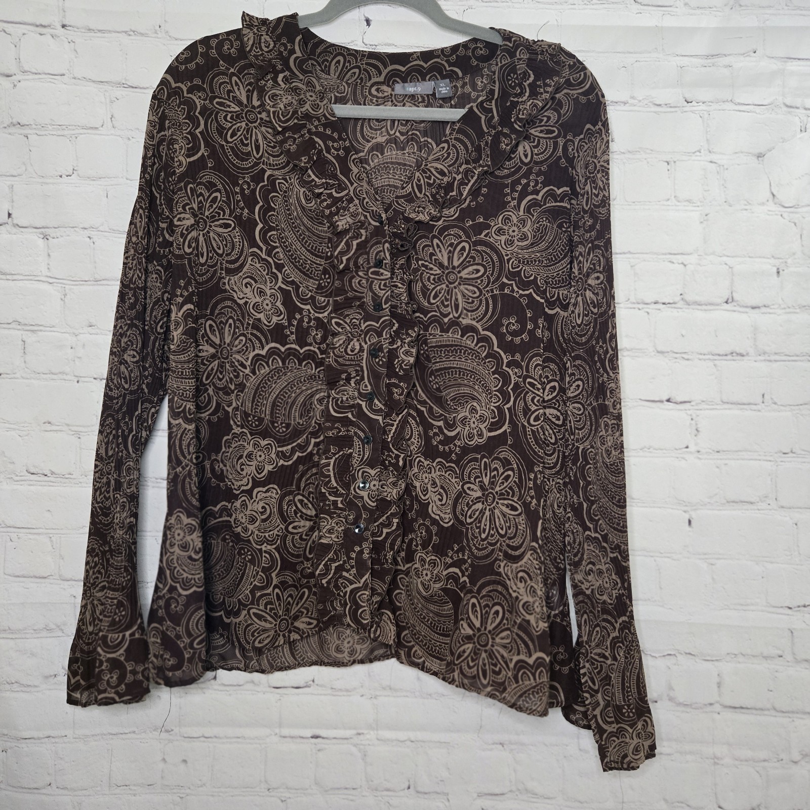 Apt 9 Chocolate Brown Paisley Crinkle Ruffle Collar Poet Fairy Blouse Sz Xl Y2k