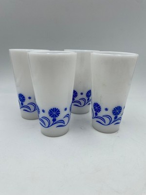 Vintage Hazel Atlas Blue Cornflower Opal Milk Glasses set of 4.