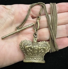 Antique Brass Foxtail 25” Double Watch Chain With 1.25” Puffy Crown Fob