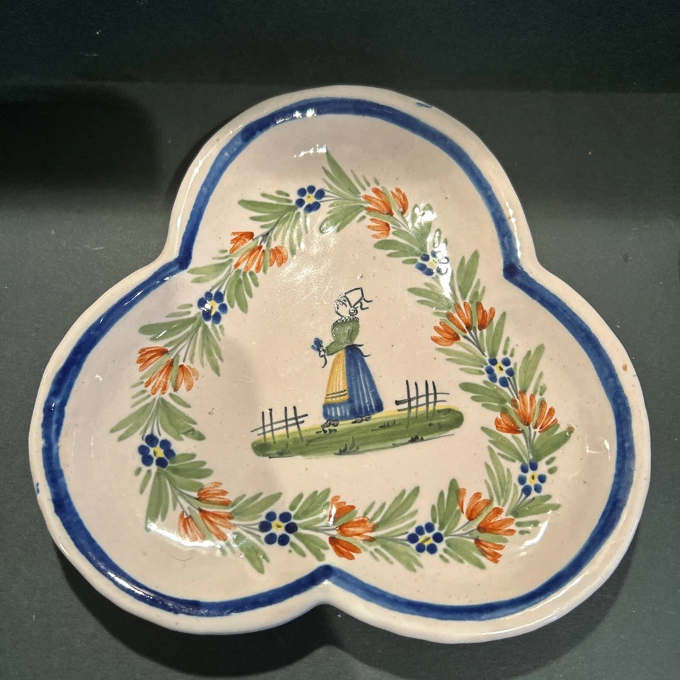 Antique Henriot Quimper Trefoil Shape Hand Painted Faience Cup & Saucer - Image 3 of 4