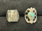 VTG NATIVE AMERICAN RINGS LOT OF 2 TURQUOISE VERIFIED STERLING SILVER SANDCAST