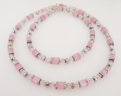 Halskette Collier Cube Würfel Cat Eye Glas Rosa Hämatit silber  Strass 555a