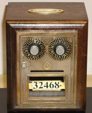 Antique U S Post Office Box Door Bank-Dual Dial "Button/Bullseye"-Walnut