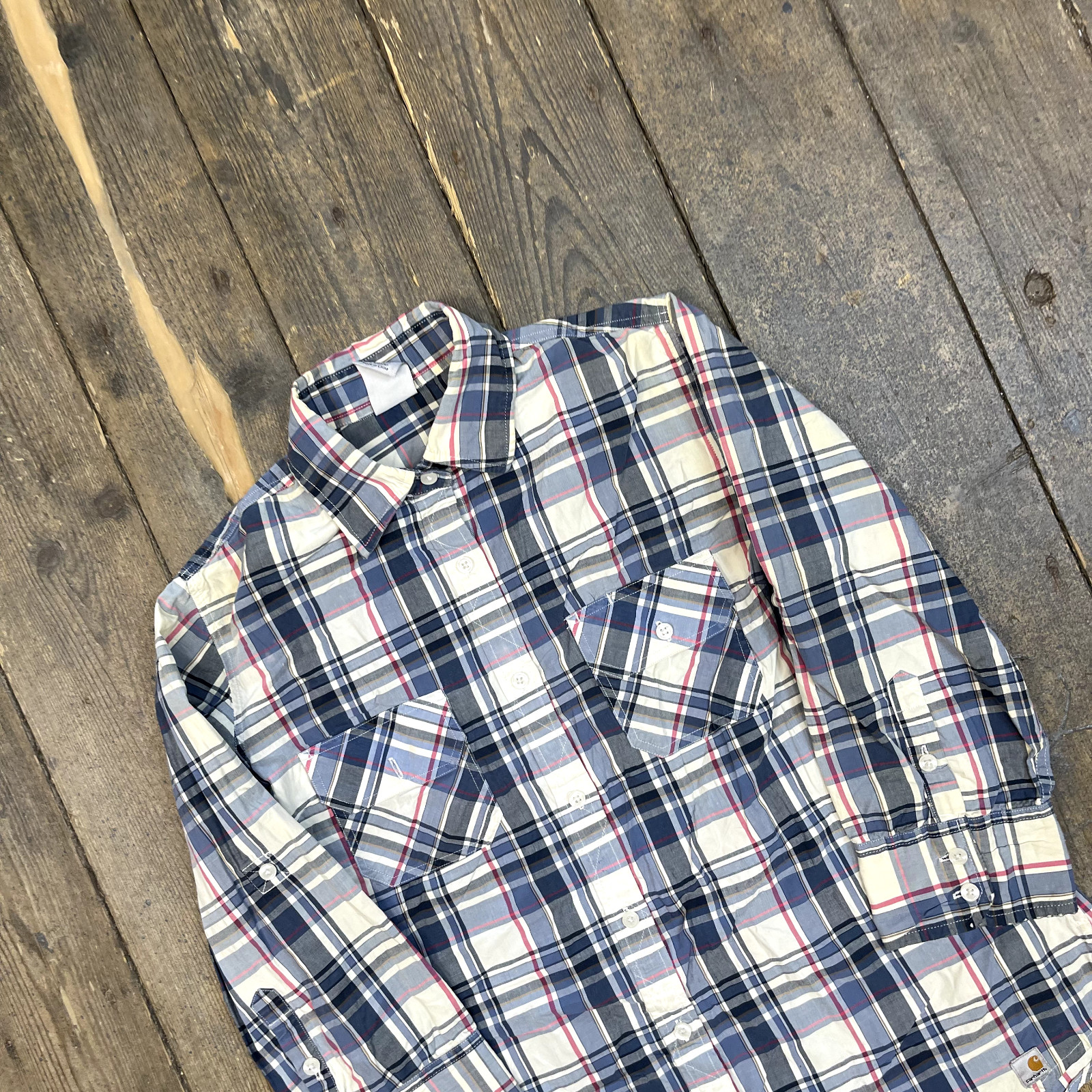 Carhartt Shirt Checkered Button Up Collared Workwear Top, Blue, Womens Medium image 3
