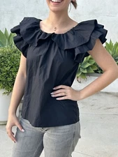 NWT Mille Top XS Collar Ruffle Black $148 MSRP Ulla Johnson Vibes
