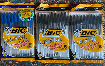 3 packs of 10 Bic Cristal~NOS New in Package Vintage 1990s~2 pks Black~1 pk Blue
