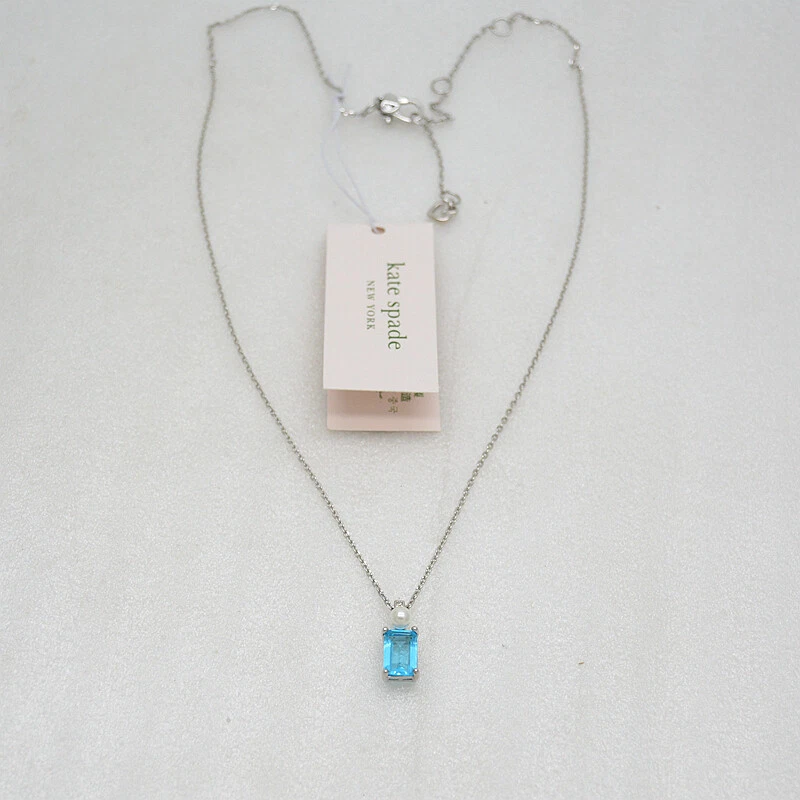 Kate spade jewelry silver blue CZ rectangle pearl pendant necklace