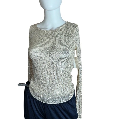 Lucky Brand Women's Sequin Knit Long-Sleeve Top - Champagne XS NWT