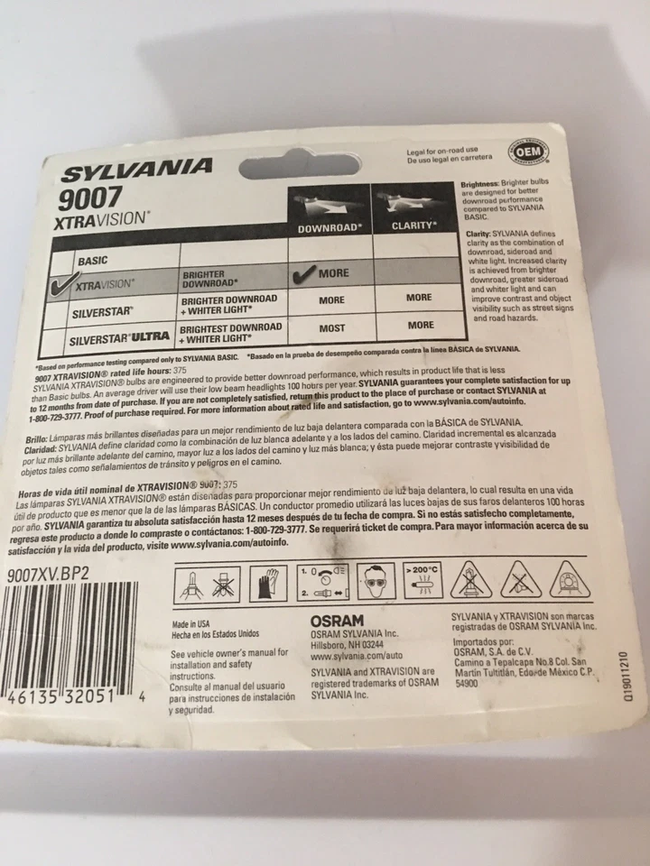 Sylvania Xtra Vision 9007 HB5 65/55W Dos Bombillas Cabeza Luz Doble Haz Plug Play OE Foto 4 de 4