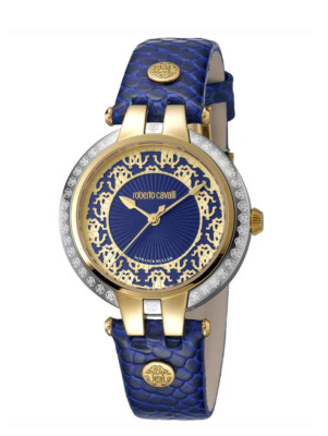 NEW Roberto Cavalli PIZZO Blue Leather Analog Women's Watch RV1L051L0066