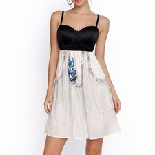 BCBG Max Azria Bustier Mini Dress Womens 4 Black White Silk Floral Beaded Dainty