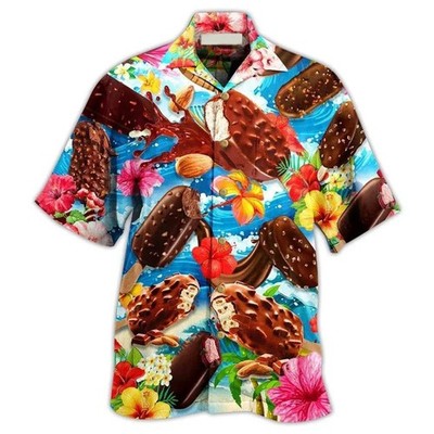 Herren Button Down Schokolade Eis Riegel Tropisch Hibiskus Blume Sommer Hemd