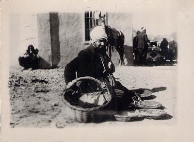 Antique Photo Vendor Man in Turban Baskets Athens Greece Marketplace 1900s 1910s