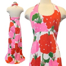 Vintage Malia Honolulu Pink Red Floral Print Hawaiian Halter Maxi Dress L 14