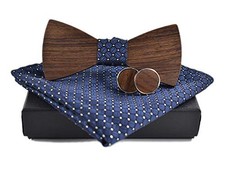 Novelty Wood Bow Tie Handmade Groom One Size Wood navy Blue Handkerchief